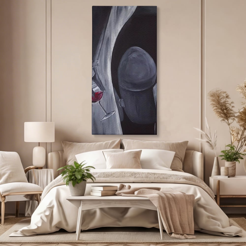 Tablou Canvas Premium, LuxCanva® P1040, Liniște cu Aroma de Vin, Pahar, Bautura, Vin, Rosu, Noapte, Umbra, Negru, Gri, Spate, Piele, Femeie, Dorinta, Pasiune, Sexy, Living, Dormitor