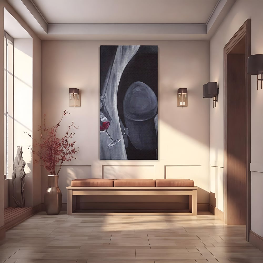 Tablou Canvas Premium, LuxCanva® P1040, Liniște cu Aroma de Vin, Pahar, Bautura, Vin, Rosu, Noapte, Umbra, Negru, Gri, Spate, Piele, Femeie, Dorinta, Pasiune, Sexy, Living, Dormitor