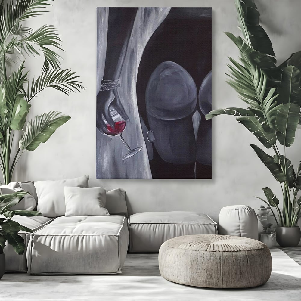 Tablou Canvas Premium, LuxCanva® P1040, Liniște cu Aroma de Vin, Pahar, Bautura, Vin, Rosu, Noapte, Umbra, Negru, Gri, Spate, Piele, Femeie, Dorinta, Pasiune, Sexy, Living, Dormitor