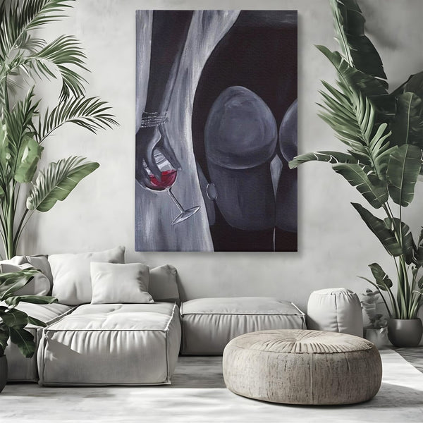 Tablou Canvas Premium, LuxCanva® P1040, Liniște cu Aroma de Vin, Pahar, Bautura, Vin, Rosu, Noapte, Umbra, Negru, Gri, Spate, Piele, Femeie, Dorinta, Pasiune, Sexy, Living, Dormitor