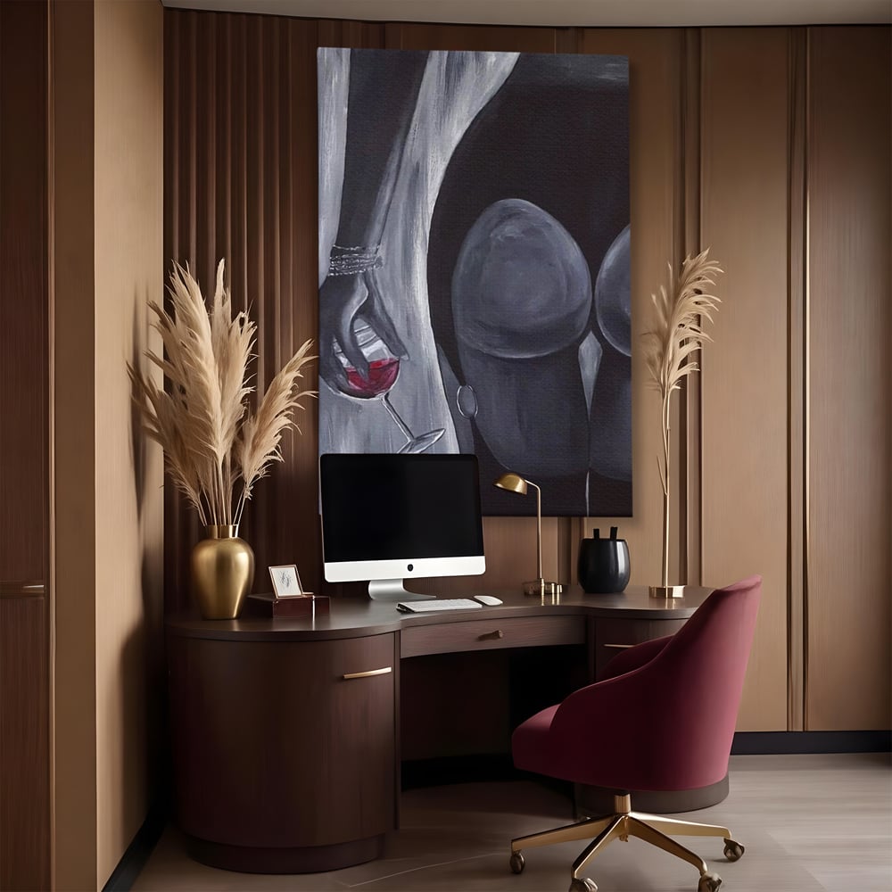Tablou Canvas Premium, LuxCanva® P1040, Liniște cu Aroma de Vin, Pahar, Bautura, Vin, Rosu, Noapte, Umbra, Negru, Gri, Spate, Piele, Femeie, Dorinta, Pasiune, Sexy, Living, Dormitor