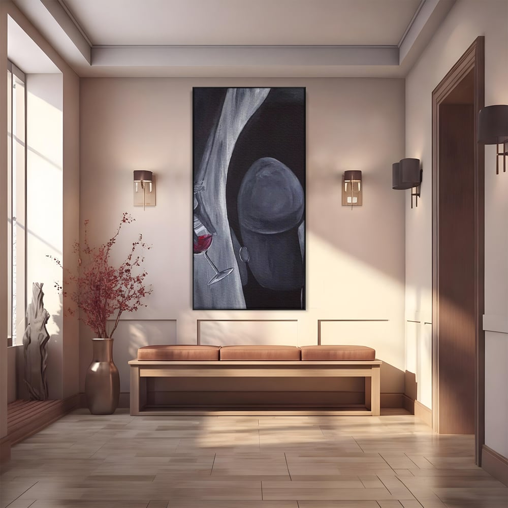 Tablou Canvas Premium, LuxCanva® P1040, Liniște cu Aroma de Vin, Pahar, Bautura, Vin, Rosu, Noapte, Umbra, Negru, Gri, Spate, Piele, Femeie, Dorinta, Pasiune, Sexy, Living, Dormitor
