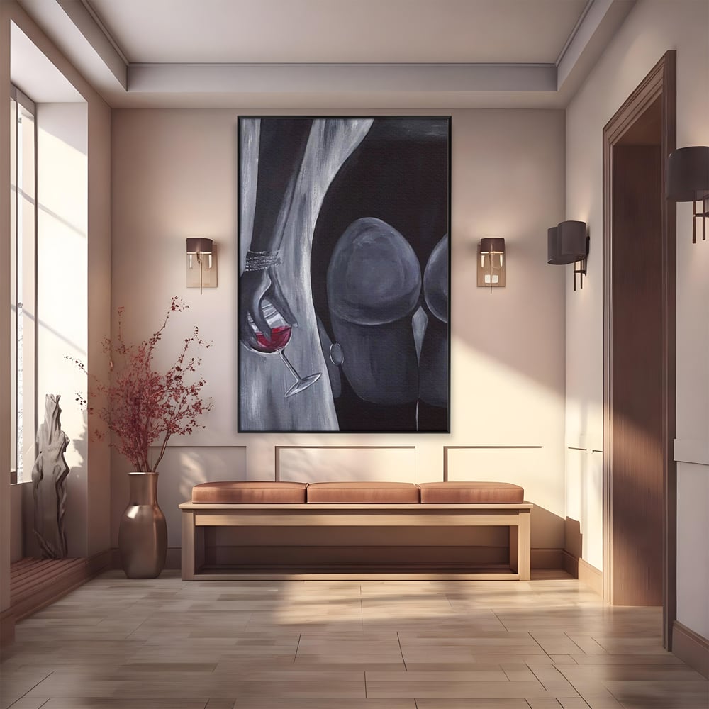Tablou Canvas Premium, LuxCanva® P1040, Liniște cu Aroma de Vin, Pahar, Bautura, Vin, Rosu, Noapte, Umbra, Negru, Gri, Spate, Piele, Femeie, Dorinta, Pasiune, Sexy, Living, Dormitor