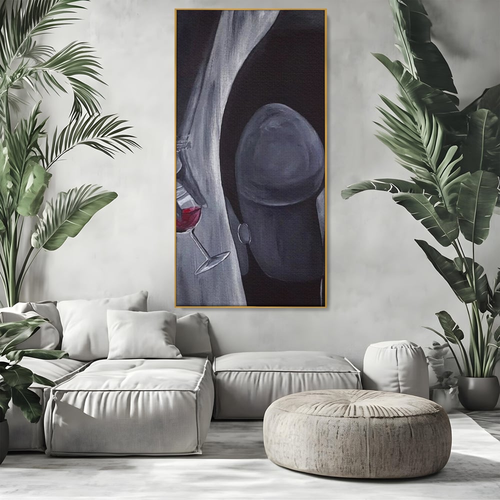 Tablou Canvas Premium, LuxCanva® P1040, Liniște cu Aroma de Vin, Pahar, Bautura, Vin, Rosu, Noapte, Umbra, Negru, Gri, Spate, Piele, Femeie, Dorinta, Pasiune, Sexy, Living, Dormitor