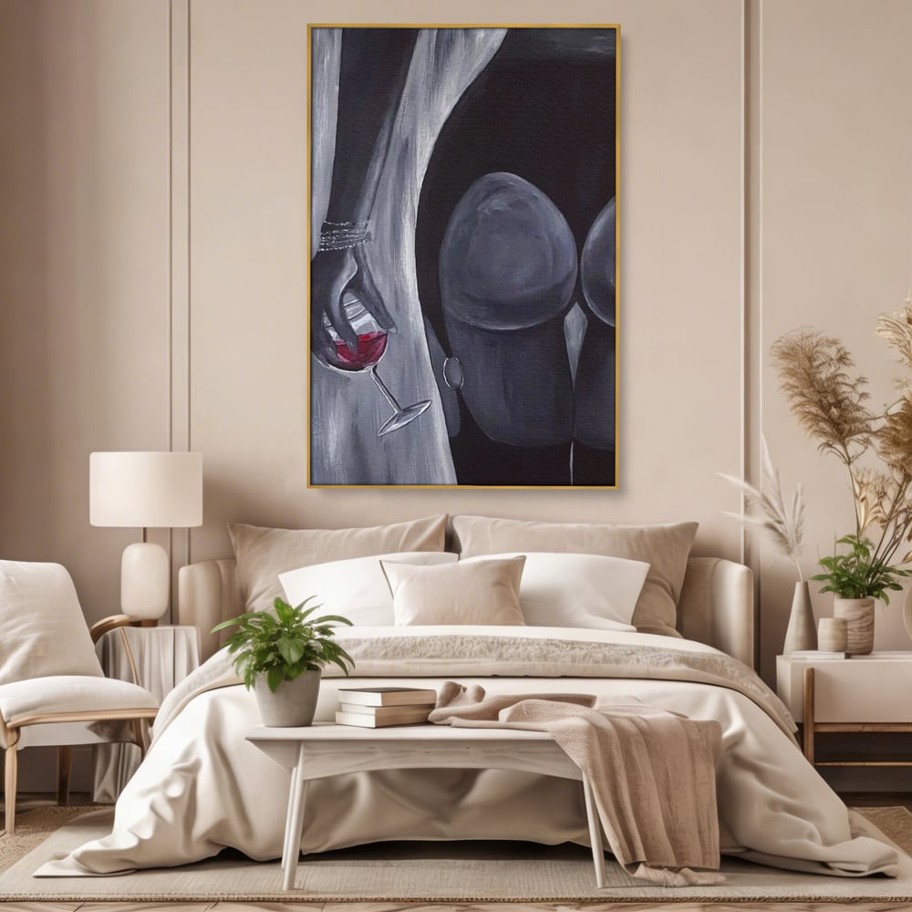 Tablou Canvas Premium, LuxCanva® P1040, Liniște cu Aroma de Vin, Pahar, Bautura, Vin, Rosu, Noapte, Umbra, Negru, Gri, Spate, Piele, Femeie, Dorinta, Pasiune, Sexy, Living, Dormitor
