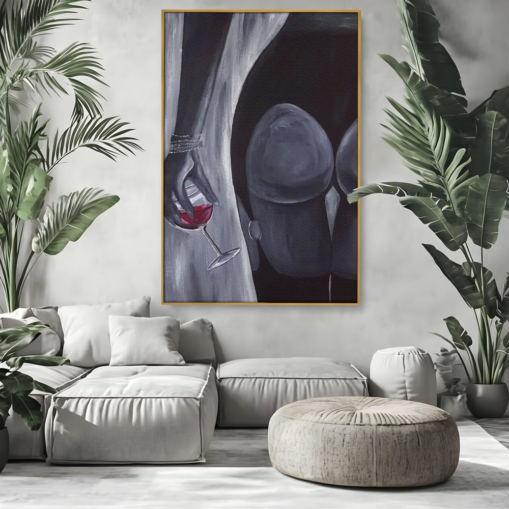 Tablou Canvas Premium, LuxCanva® P1040, Liniște cu Aroma de Vin, Pahar, Bautura, Vin, Rosu, Noapte, Umbra, Negru, Gri, Spate, Piele, Femeie, Dorinta, Pasiune, Sexy, Living, Dormitor