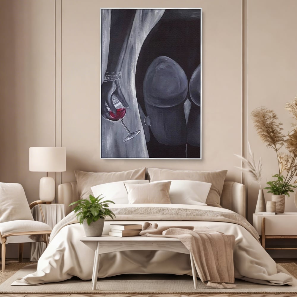 Tablou Canvas Premium, LuxCanva® P1040, Liniște cu Aroma de Vin, Pahar, Bautura, Vin, Rosu, Noapte, Umbra, Negru, Gri, Spate, Piele, Femeie, Dorinta, Pasiune, Sexy, Living, Dormitor