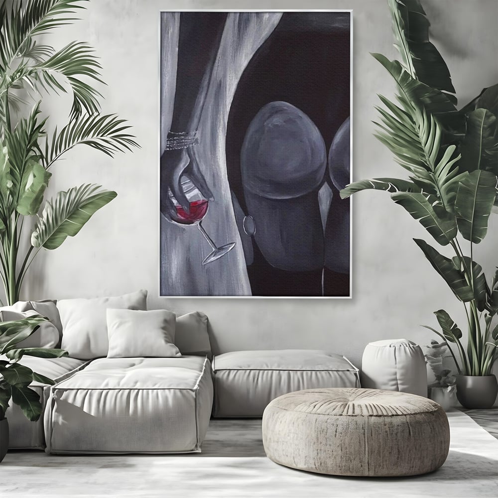 Tablou Canvas Premium, LuxCanva® P1040, Liniște cu Aroma de Vin, Pahar, Bautura, Vin, Rosu, Noapte, Umbra, Negru, Gri, Spate, Piele, Femeie, Dorinta, Pasiune, Sexy, Living, Dormitor