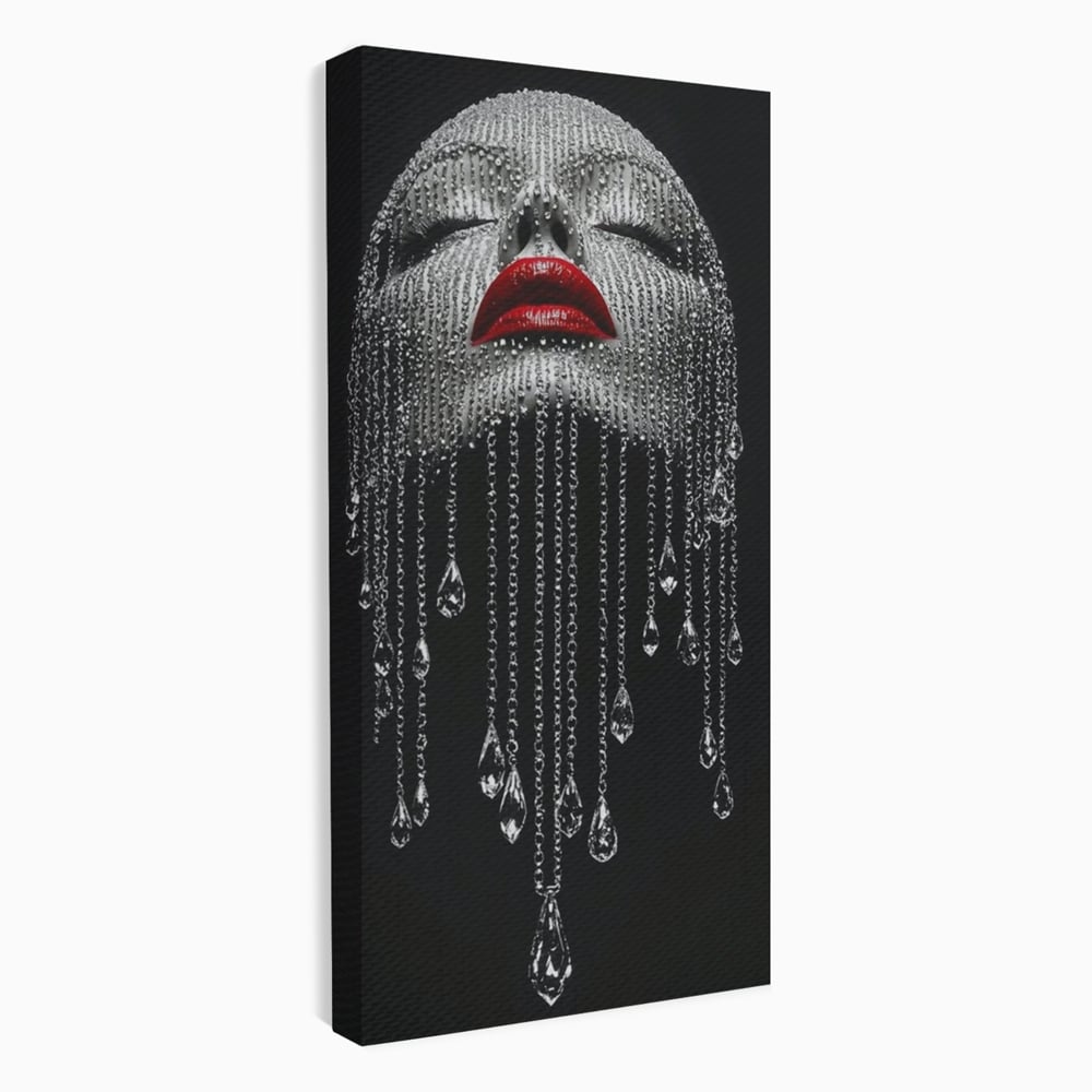 Tablou Canvas Premium, LuxCanva® P1041, Sub Ploaia de Diamante, Diamante, Ploaie, Regina, Cristal, Sclipire, Lanturi, Hipnotic, Sedinta, Fotomodel, Buze, Rosu, Living, Dormitor