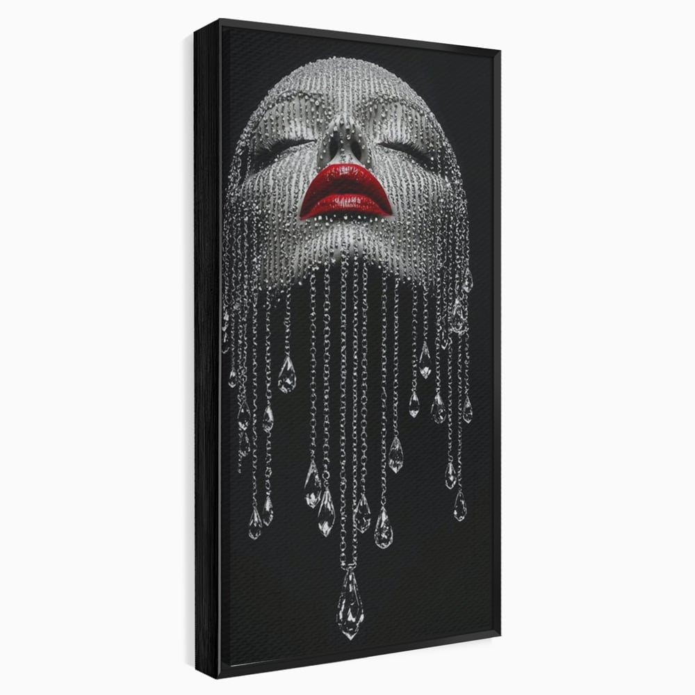 Tablou Canvas Premium, LuxCanva® P1041, Sub Ploaia de Diamante, Diamante, Ploaie, Regina, Cristal, Sclipire, Lanturi, Hipnotic, Sedinta, Fotomodel, Buze, Rosu, Living, Dormitor