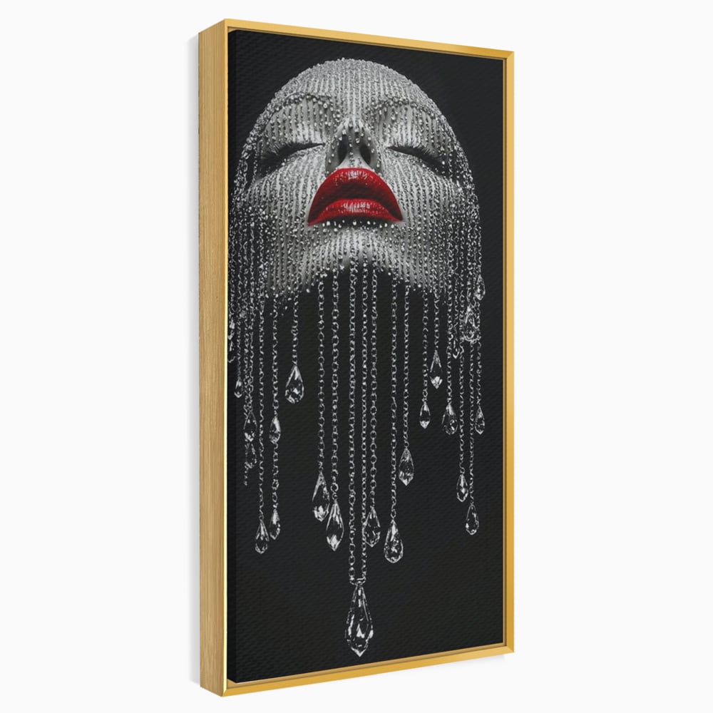 Tablou Canvas Premium, LuxCanva® P1041, Sub Ploaia de Diamante, Diamante, Ploaie, Regina, Cristal, Sclipire, Lanturi, Hipnotic, Sedinta, Fotomodel, Buze, Rosu, Living, Dormitor