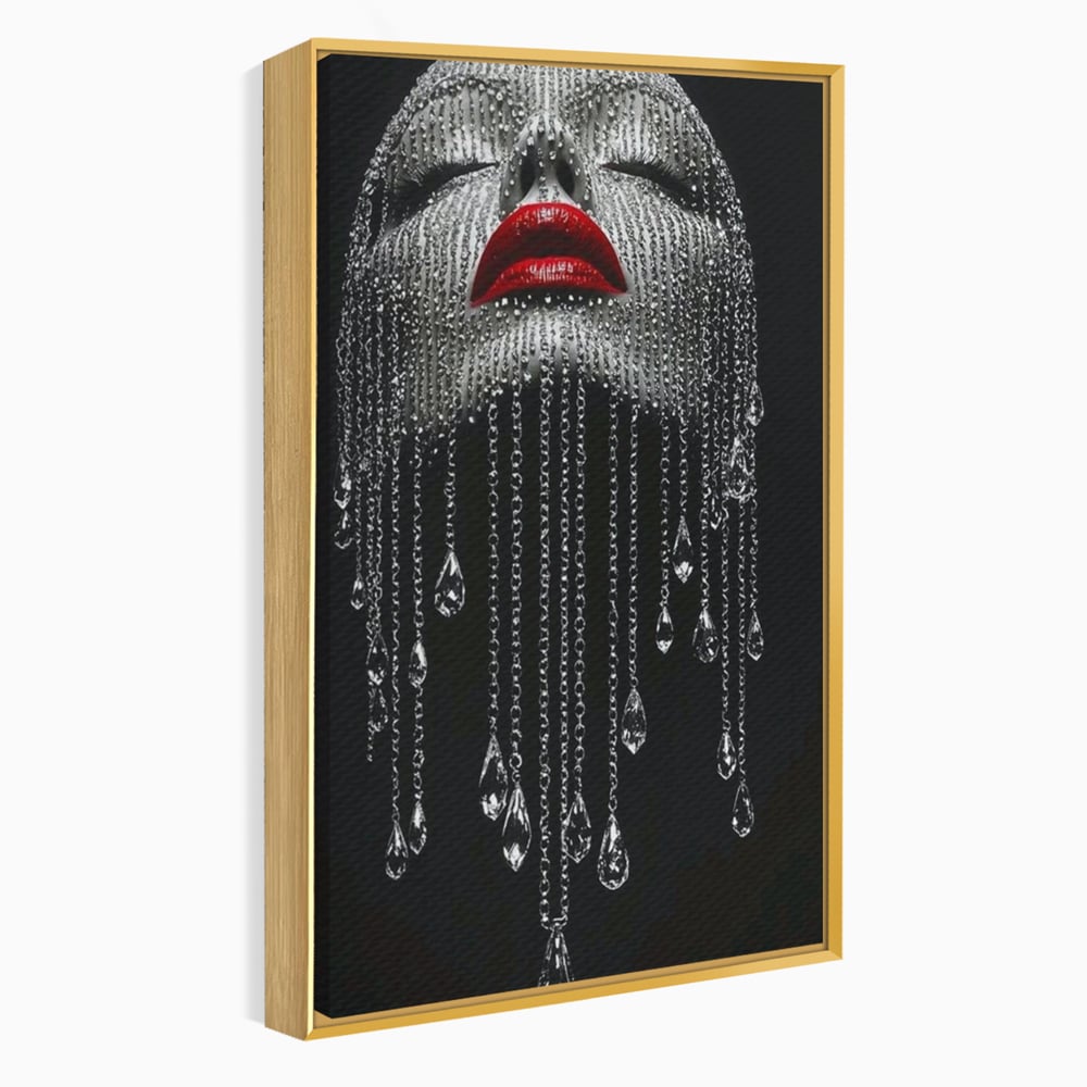 Tablou Canvas Premium, LuxCanva® P1041, Sub Ploaia de Diamante, Diamante, Ploaie, Regina, Cristal, Sclipire, Lanturi, Hipnotic, Sedinta, Fotomodel, Buze, Rosu, Living, Dormitor