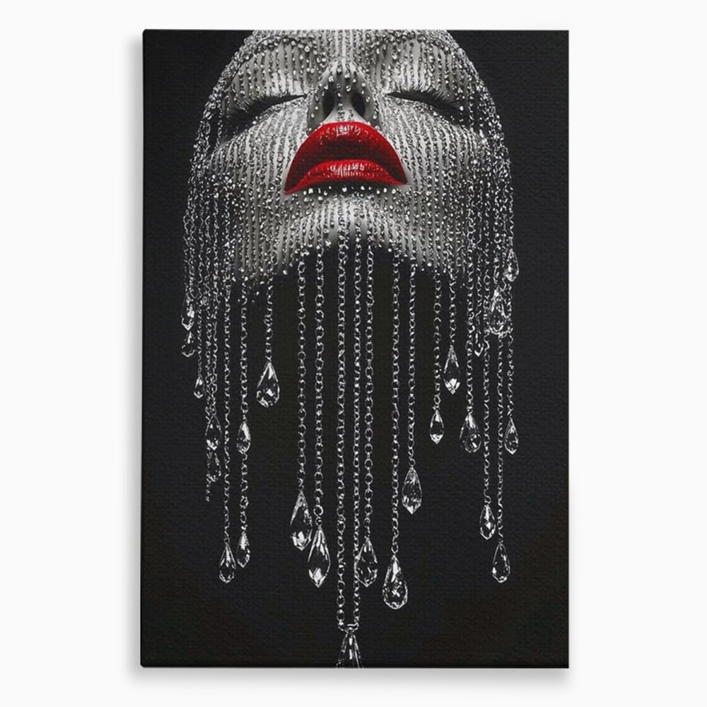 Tablou Canvas Premium, LuxCanva® P1041, Sub Ploaia de Diamante, Diamante, Ploaie, Regina, Cristal, Sclipire, Lanturi, Hipnotic, Sedinta, Fotomodel, Buze, Rosu, Living, Dormitor