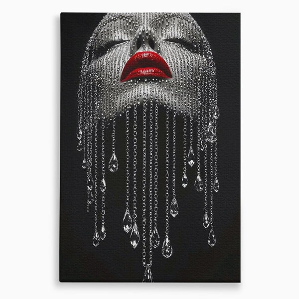Tablou Canvas Premium, LuxCanva® P1041, Sub Ploaia de Diamante, Diamante, Ploaie, Regina, Cristal, Sclipire, Lanturi, Hipnotic, Sedinta, Fotomodel, Buze, Rosu, Living, Dormitor