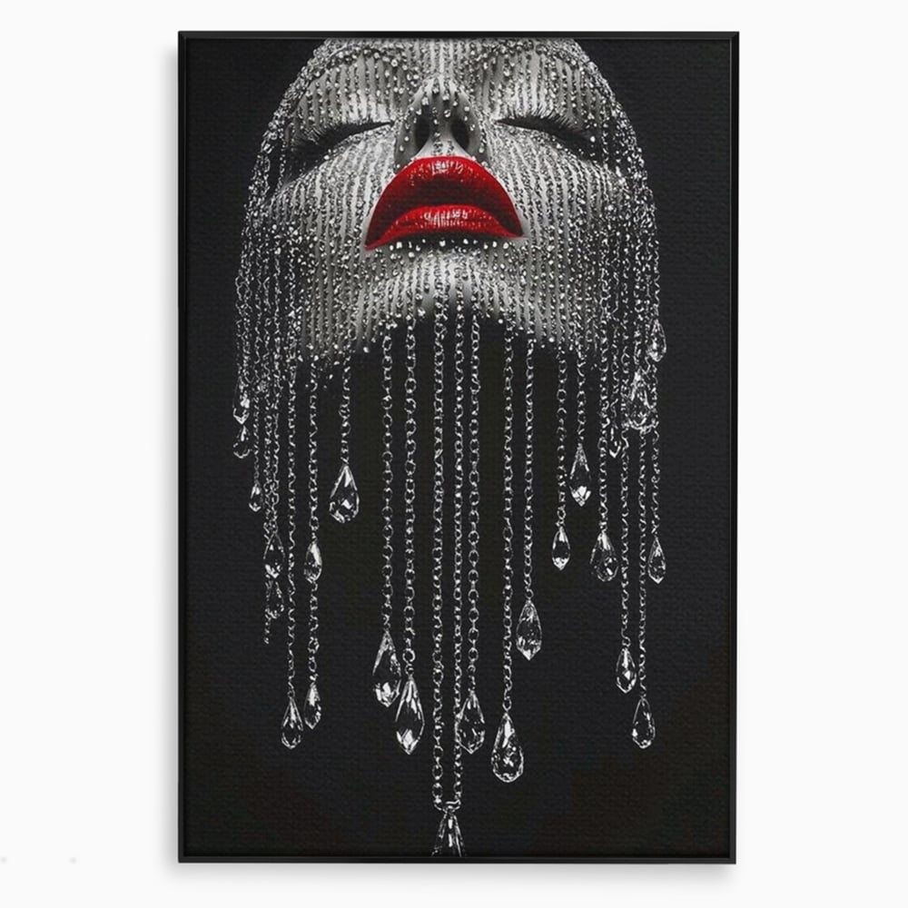 Tablou Canvas Premium, LuxCanva® P1041, Sub Ploaia de Diamante, Diamante, Ploaie, Regina, Cristal, Sclipire, Lanturi, Hipnotic, Sedinta, Fotomodel, Buze, Rosu, Living, Dormitor
