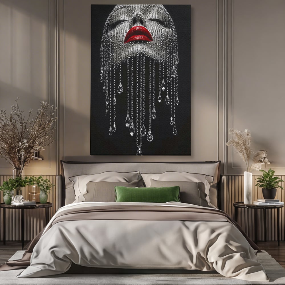 Tablou Canvas Premium, LuxCanva® P1041, Sub Ploaia de Diamante, Diamante, Ploaie, Regina, Cristal, Sclipire, Lanturi, Hipnotic, Sedinta, Fotomodel, Buze, Rosu, Living, Dormitor