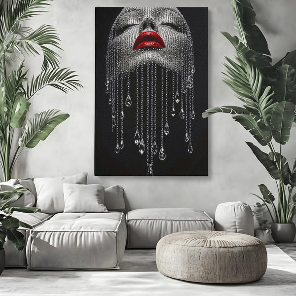 Tablou Canvas Premium, LuxCanva® P1041, Sub Ploaia de Diamante, Diamante, Ploaie, Regina, Cristal, Sclipire, Lanturi, Hipnotic, Sedinta, Fotomodel, Buze, Rosu, Living, Dormitor