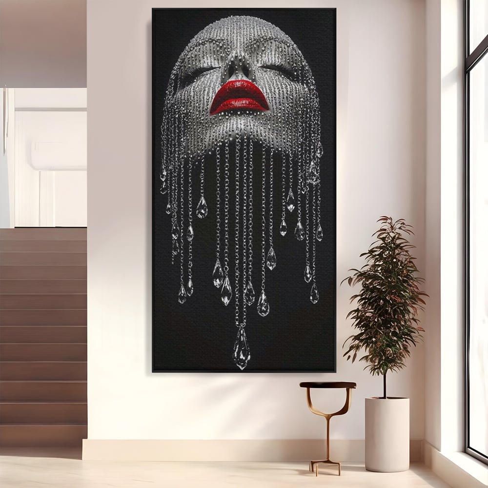 Tablou Canvas Premium, LuxCanva® P1041, Sub Ploaia de Diamante, Diamante, Ploaie, Regina, Cristal, Sclipire, Lanturi, Hipnotic, Sedinta, Fotomodel, Buze, Rosu, Living, Dormitor
