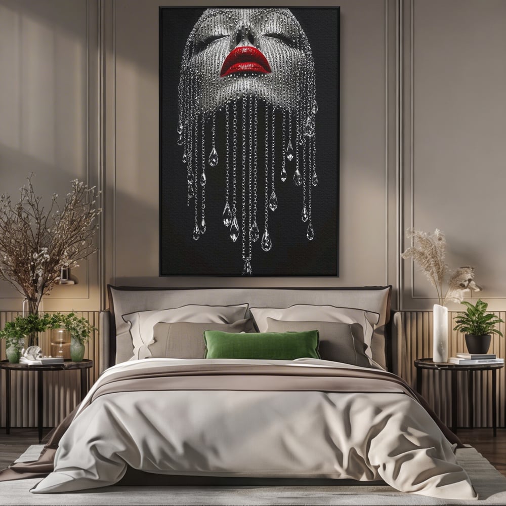 Tablou Canvas Premium, LuxCanva® P1041, Sub Ploaia de Diamante, Diamante, Ploaie, Regina, Cristal, Sclipire, Lanturi, Hipnotic, Sedinta, Fotomodel, Buze, Rosu, Living, Dormitor