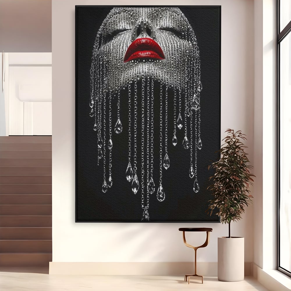 Tablou Canvas Premium, LuxCanva® P1041, Sub Ploaia de Diamante, Diamante, Ploaie, Regina, Cristal, Sclipire, Lanturi, Hipnotic, Sedinta, Fotomodel, Buze, Rosu, Living, Dormitor