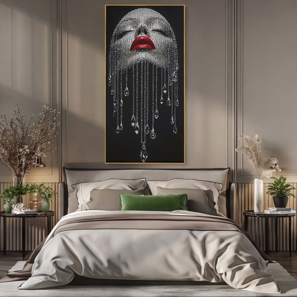 Tablou Canvas Premium, LuxCanva® P1041, Sub Ploaia de Diamante, Diamante, Ploaie, Regina, Cristal, Sclipire, Lanturi, Hipnotic, Sedinta, Fotomodel, Buze, Rosu, Living, Dormitor