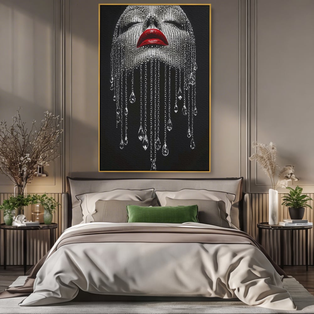 Tablou Canvas Premium, LuxCanva® P1041, Sub Ploaia de Diamante, Diamante, Ploaie, Regina, Cristal, Sclipire, Lanturi, Hipnotic, Sedinta, Fotomodel, Buze, Rosu, Living, Dormitor