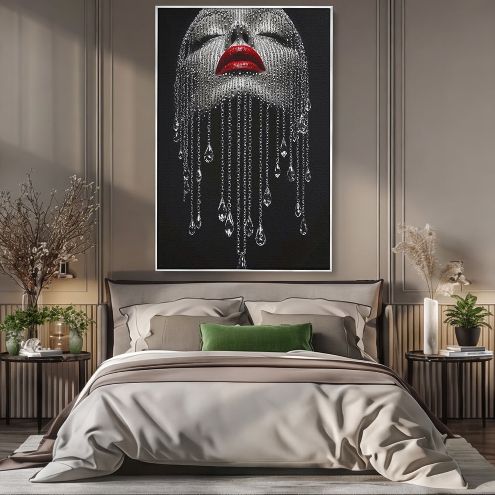 Tablou Canvas Premium, LuxCanva® P1041, Sub Ploaia de Diamante, Diamante, Ploaie, Regina, Cristal, Sclipire, Lanturi, Hipnotic, Sedinta, Fotomodel, Buze, Rosu, Living, Dormitor