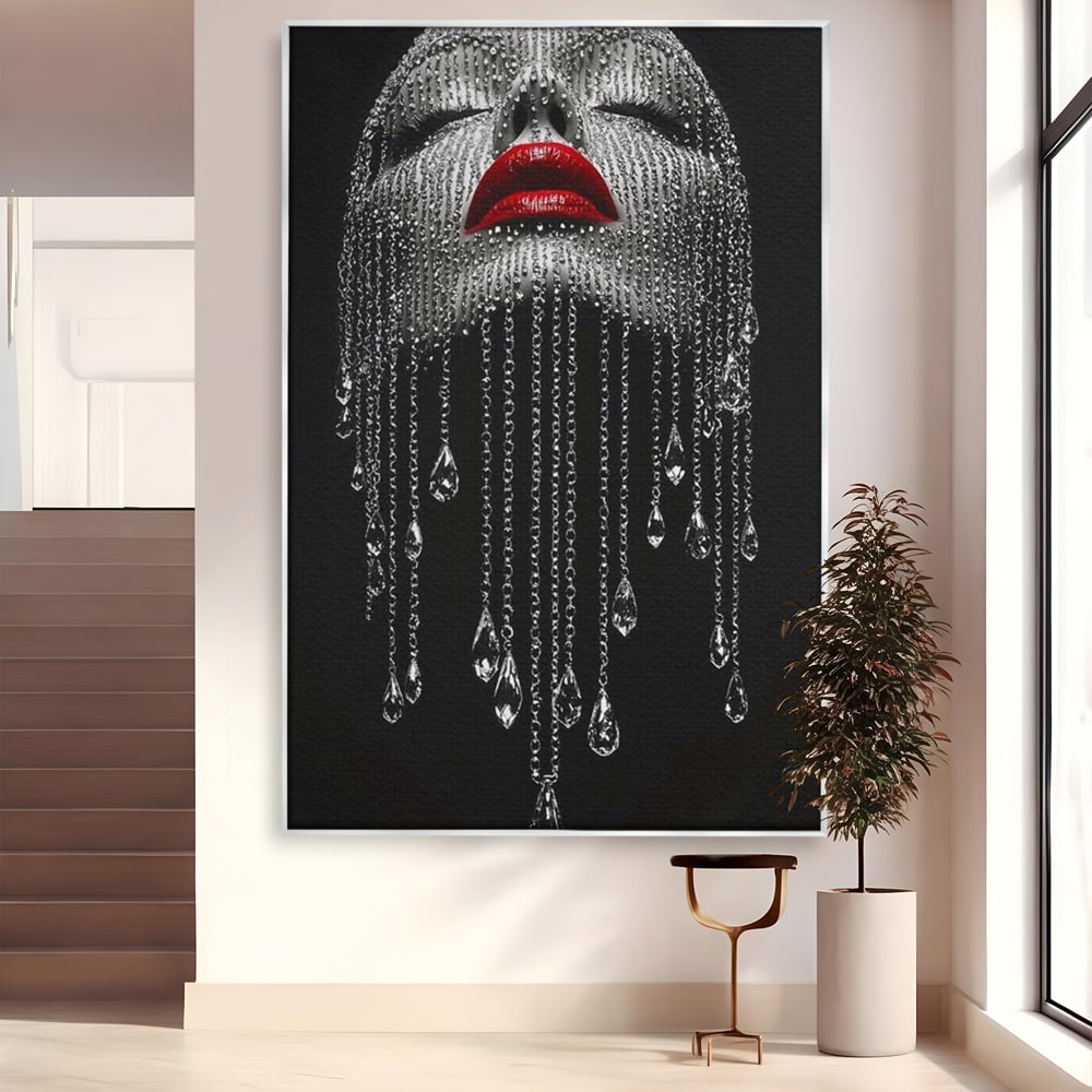Tablou Canvas Premium, LuxCanva® P1041, Sub Ploaia de Diamante, Diamante, Ploaie, Regina, Cristal, Sclipire, Lanturi, Hipnotic, Sedinta, Fotomodel, Buze, Rosu, Living, Dormitor