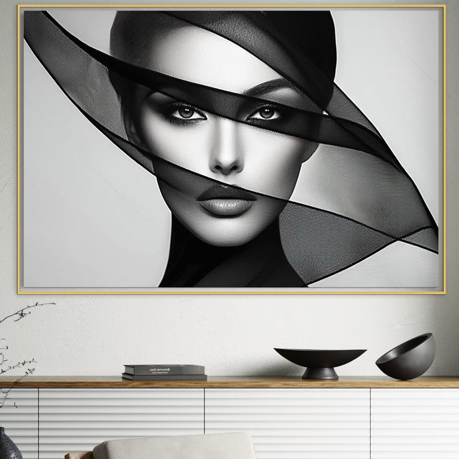 Leinwand Premium Leinwandbilder, LuxCanva® P1042, Schleier, Schleier, Schwarz, Schleier, Schwarz, Blick, Verborgen, Weiblichkeit, Minimalismus, Stille, Anmut, Dunkelheit, Dunkelheit, Verlangen, Schönheit, Wohnen, Schlafzimmer