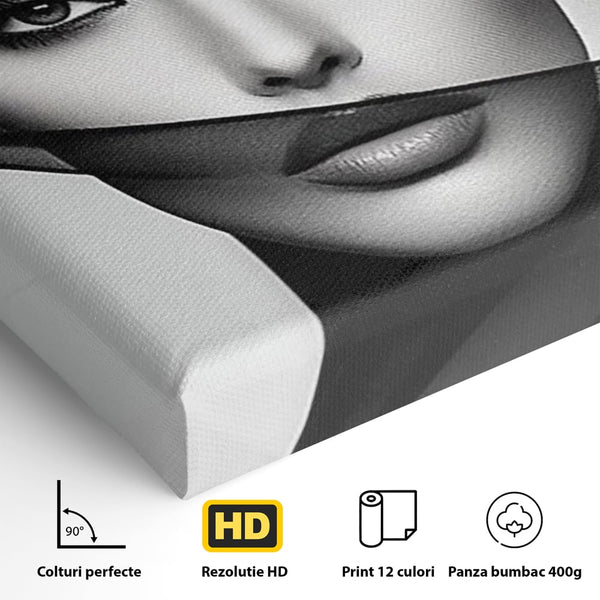 Tablou Canvas Premium, LuxCanva® P1042, Voalul Care Dezvaluie, Voal, Negru, Privire, Ascuns, Feminitate, Minimalism, Tacere, Gratie, Intunecat, Dorinta, Frumusete, Living, Dormitor
