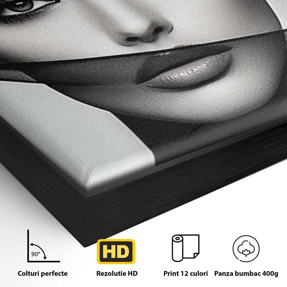 Tablou Canvas Premium, LuxCanva® P1042, Voalul Care Dezvaluie, Voal, Negru, Privire, Ascuns, Feminitate, Minimalism, Tacere, Gratie, Intunecat, Dorinta, Frumusete, Living, Dormitor