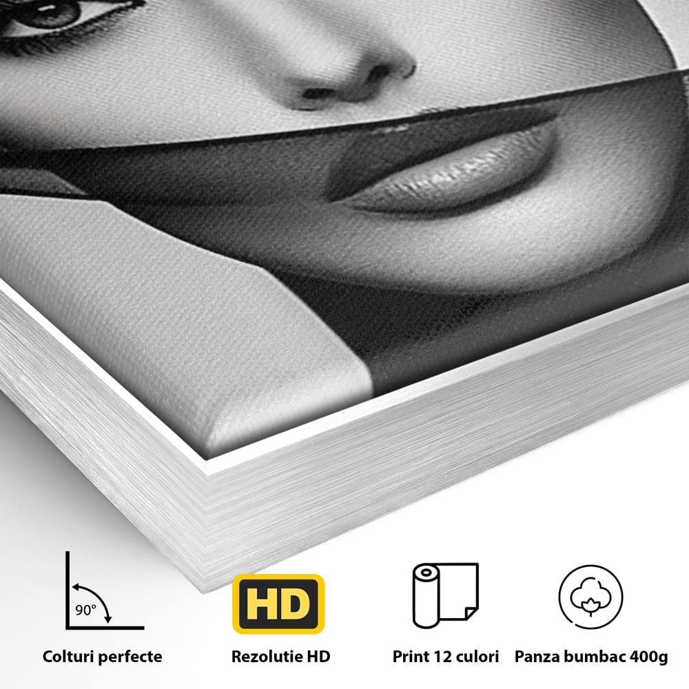 Tablou Canvas Premium, LuxCanva® P1042, Voalul Care Dezvaluie, Voal, Negru, Privire, Ascuns, Feminitate, Minimalism, Tacere, Gratie, Intunecat, Dorinta, Frumusete, Living, Dormitor