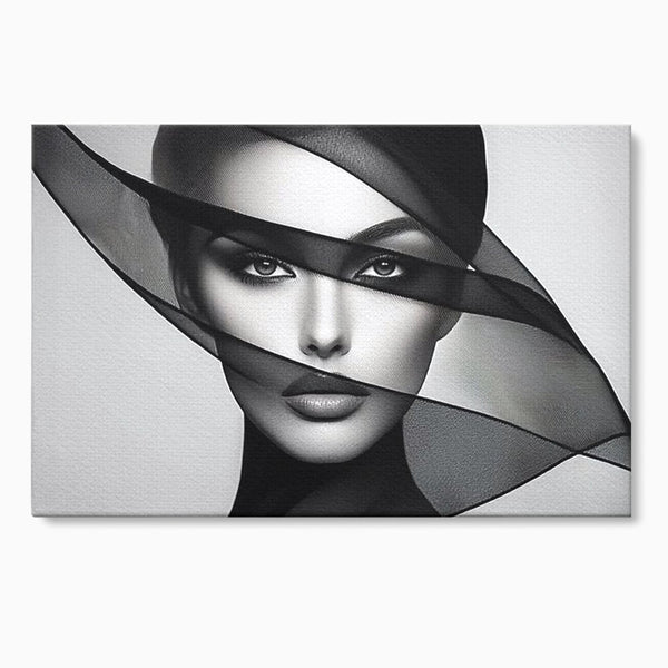 Tablou Canvas Premium, LuxCanva® P1042, Voalul Care Dezvaluie, Voal, Negru, Privire, Ascuns, Feminitate, Minimalism, Tacere, Gratie, Intunecat, Dorinta, Frumusete, Living, Dormitor