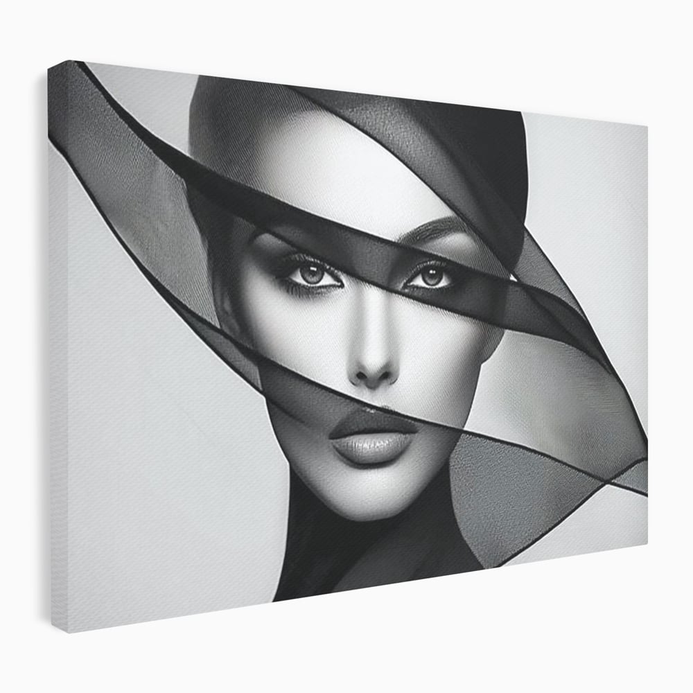 Tablou Canvas Premium, LuxCanva® P1042, Voalul Care Dezvaluie, Voal, Negru, Privire, Ascuns, Feminitate, Minimalism, Tacere, Gratie, Intunecat, Dorinta, Frumusete, Living, Dormitor
