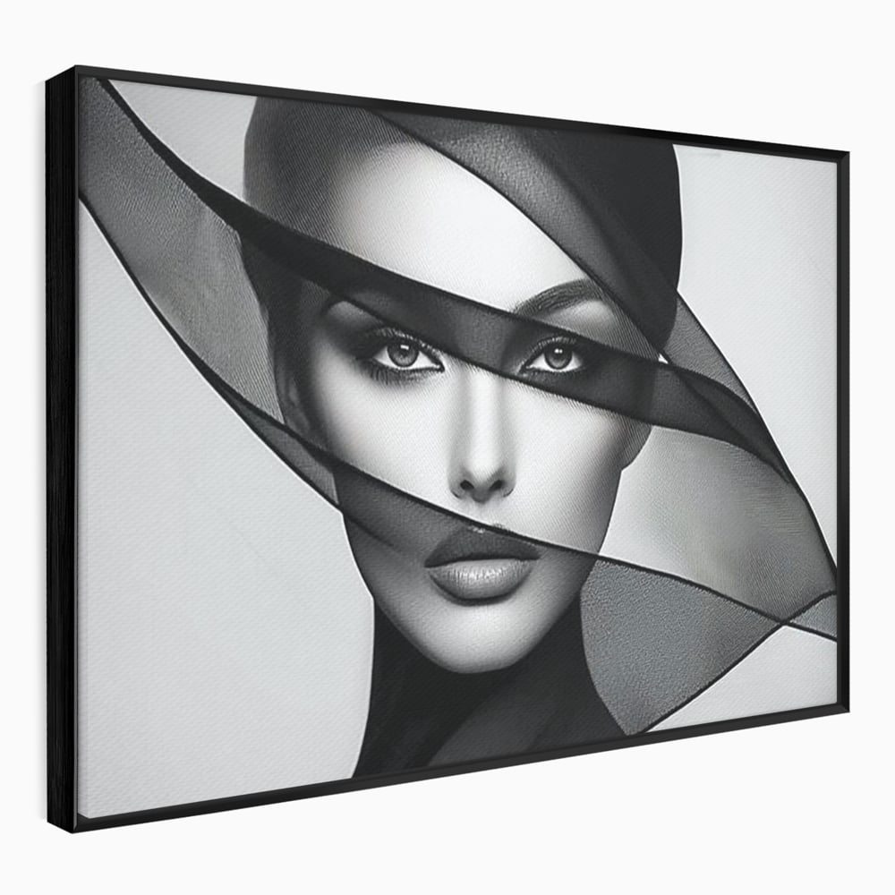 Tablou Canvas Premium, LuxCanva® P1042, Voalul Care Dezvaluie, Voal, Negru, Privire, Ascuns, Feminitate, Minimalism, Tacere, Gratie, Intunecat, Dorinta, Frumusete, Living, Dormitor