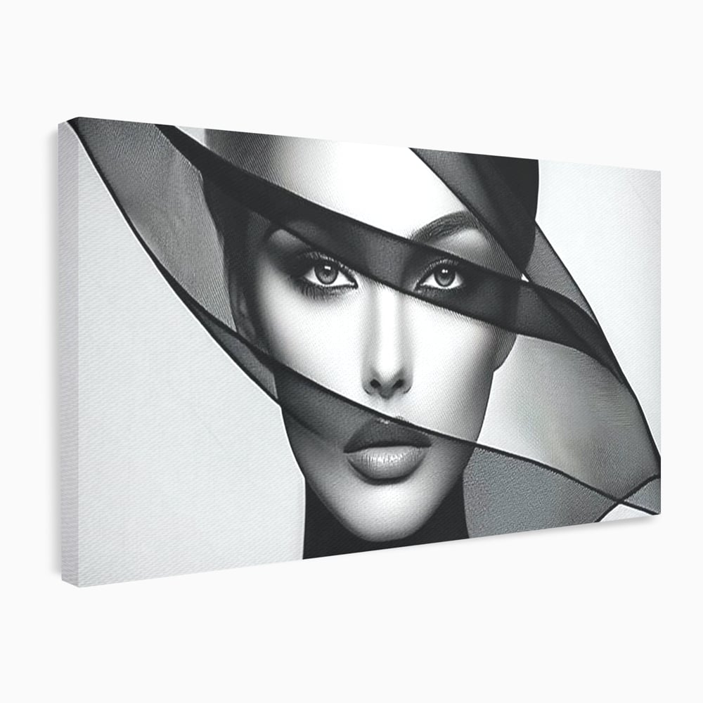 Tablou Canvas Premium, LuxCanva® P1042, Voalul Care Dezvaluie, Voal, Negru, Privire, Ascuns, Feminitate, Minimalism, Tacere, Gratie, Intunecat, Dorinta, Frumusete, Living, Dormitor