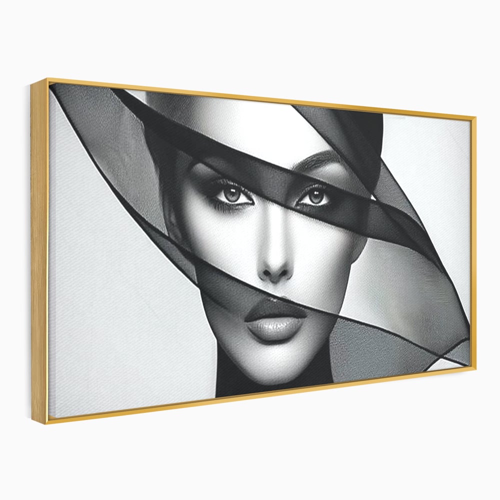 Tablou Canvas Premium, LuxCanva® P1042, Voalul Care Dezvaluie, Voal, Negru, Privire, Ascuns, Feminitate, Minimalism, Tacere, Gratie, Intunecat, Dorinta, Frumusete, Living, Dormitor
