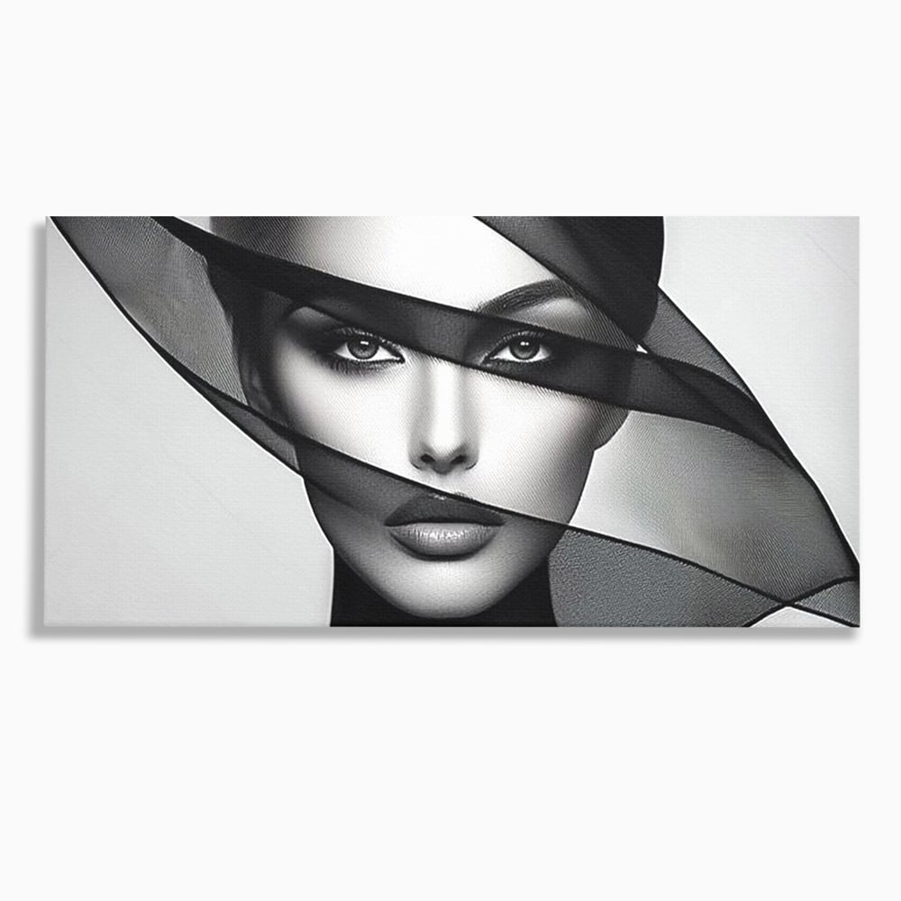 Tablou Canvas Premium, LuxCanva® P1042, Voalul Care Dezvaluie, Voal, Negru, Privire, Ascuns, Feminitate, Minimalism, Tacere, Gratie, Intunecat, Dorinta, Frumusete, Living, Dormitor