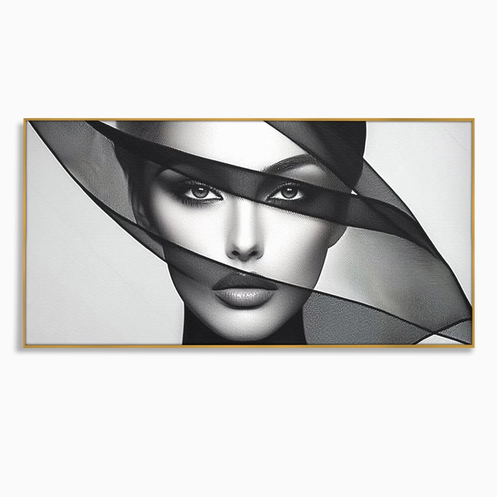 Tablou Canvas Premium, LuxCanva® P1042, Voalul Care Dezvaluie, Voal, Negru, Privire, Ascuns, Feminitate, Minimalism, Tacere, Gratie, Intunecat, Dorinta, Frumusete, Living, Dormitor