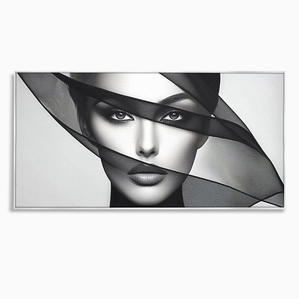 Tablou Canvas Premium, LuxCanva® P1042, Voalul Care Dezvaluie, Voal, Negru, Privire, Ascuns, Feminitate, Minimalism, Tacere, Gratie, Intunecat, Dorinta, Frumusete, Living, Dormitor