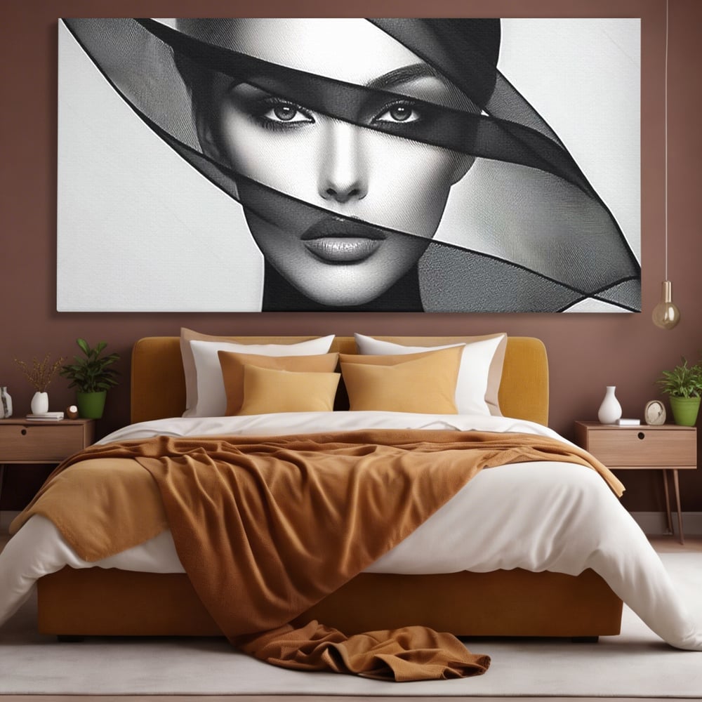 Tablou Canvas Premium, LuxCanva® P1042, Voalul Care Dezvaluie, Voal, Negru, Privire, Ascuns, Feminitate, Minimalism, Tacere, Gratie, Intunecat, Dorinta, Frumusete, Living, Dormitor