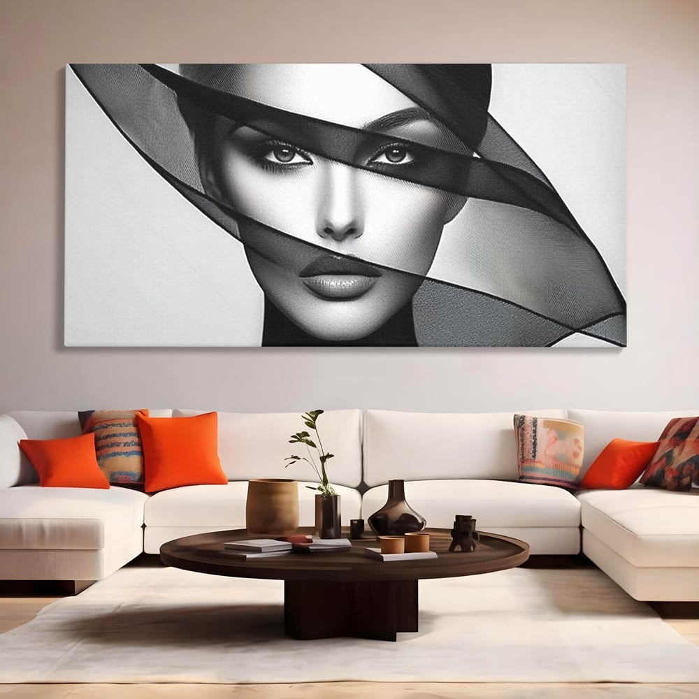 Tablou Canvas Premium, LuxCanva® P1042, Voalul Care Dezvaluie, Voal, Negru, Privire, Ascuns, Feminitate, Minimalism, Tacere, Gratie, Intunecat, Dorinta, Frumusete, Living, Dormitor