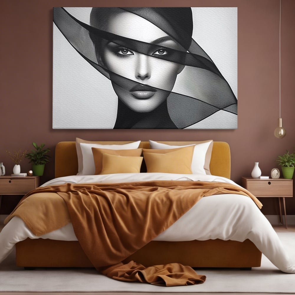 Tablou Canvas Premium, LuxCanva® P1042, Voalul Care Dezvaluie, Voal, Negru, Privire, Ascuns, Feminitate, Minimalism, Tacere, Gratie, Intunecat, Dorinta, Frumusete, Living, Dormitor