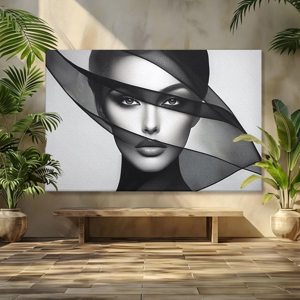 Tablou Canvas Premium, LuxCanva® P1042, Voalul Care Dezvaluie, Voal, Negru, Privire, Ascuns, Feminitate, Minimalism, Tacere, Gratie, Intunecat, Dorinta, Frumusete, Living, Dormitor