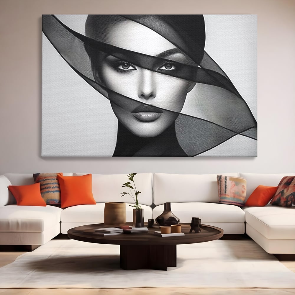Tablou Canvas Premium, LuxCanva® P1042, Voalul Care Dezvaluie, Voal, Negru, Privire, Ascuns, Feminitate, Minimalism, Tacere, Gratie, Intunecat, Dorinta, Frumusete, Living, Dormitor