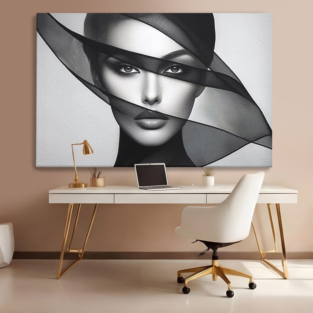 Tablou Canvas Premium, LuxCanva® P1042, Voalul Care Dezvaluie, Voal, Negru, Privire, Ascuns, Feminitate, Minimalism, Tacere, Gratie, Intunecat, Dorinta, Frumusete, Living, Dormitor