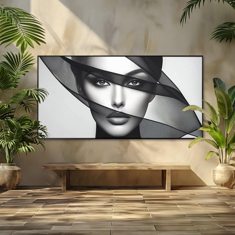 Tablou Canvas Premium, LuxCanva® P1042, Voalul Care Dezvaluie, Voal, Negru, Privire, Ascuns, Feminitate, Minimalism, Tacere, Gratie, Intunecat, Dorinta, Frumusete, Living, Dormitor