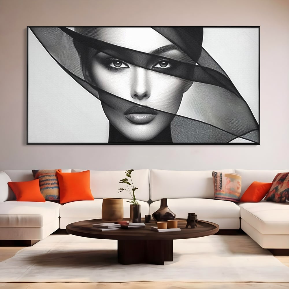 Tablou Canvas Premium, LuxCanva® P1042, Voalul Care Dezvaluie, Voal, Negru, Privire, Ascuns, Feminitate, Minimalism, Tacere, Gratie, Intunecat, Dorinta, Frumusete, Living, Dormitor
