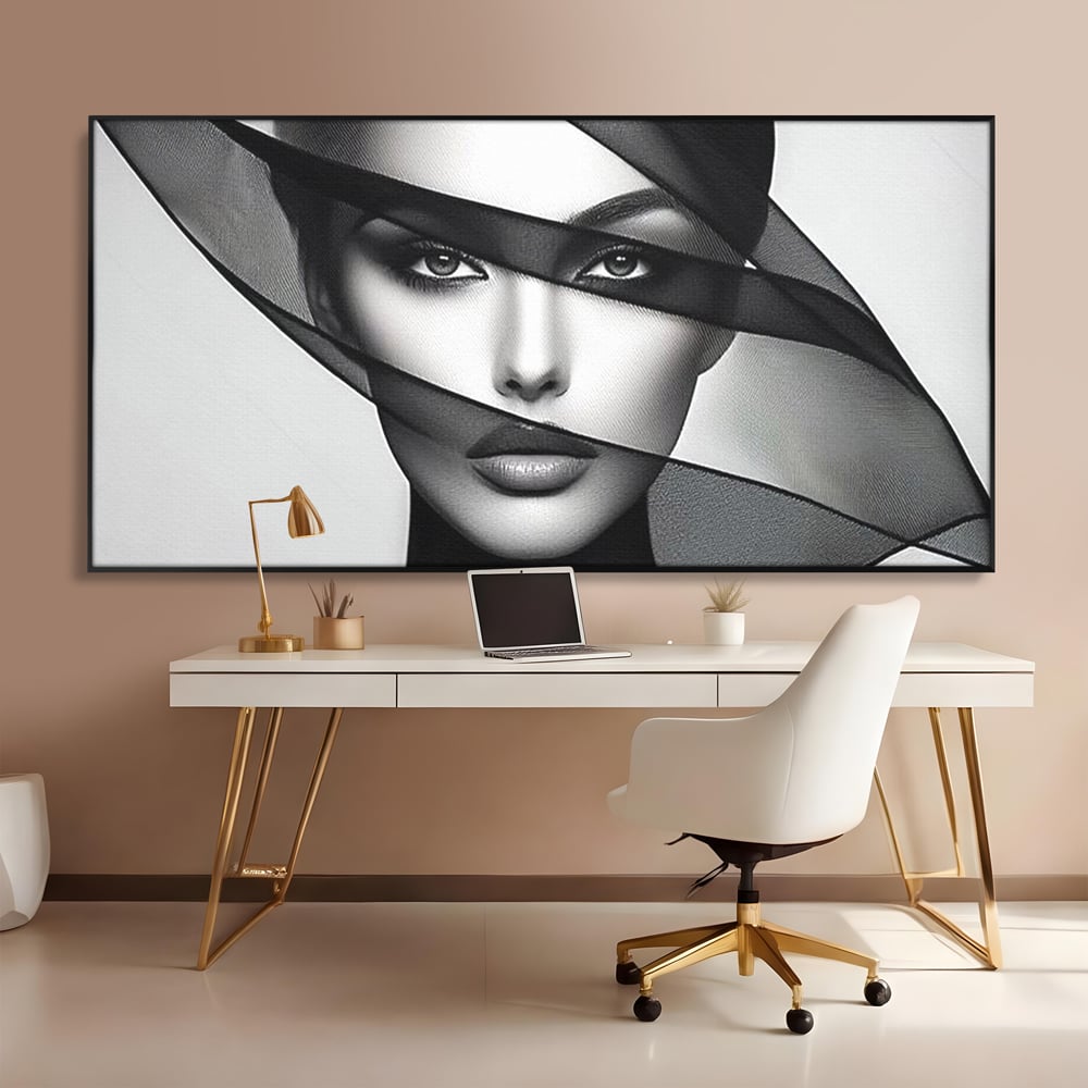 Tablou Canvas Premium, LuxCanva® P1042, Voalul Care Dezvaluie, Voal, Negru, Privire, Ascuns, Feminitate, Minimalism, Tacere, Gratie, Intunecat, Dorinta, Frumusete, Living, Dormitor