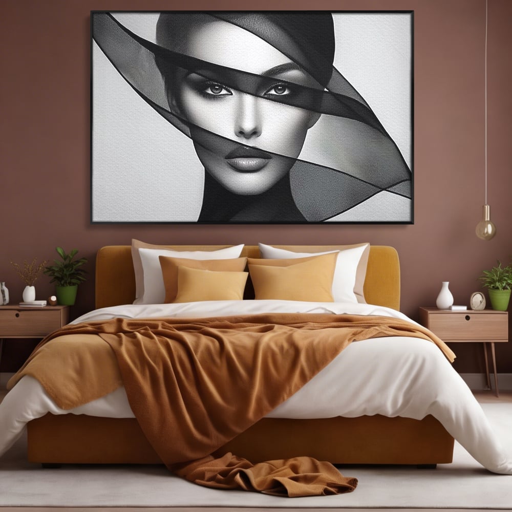 Tablou Canvas Premium, LuxCanva® P1042, Voalul Care Dezvaluie, Voal, Negru, Privire, Ascuns, Feminitate, Minimalism, Tacere, Gratie, Intunecat, Dorinta, Frumusete, Living, Dormitor